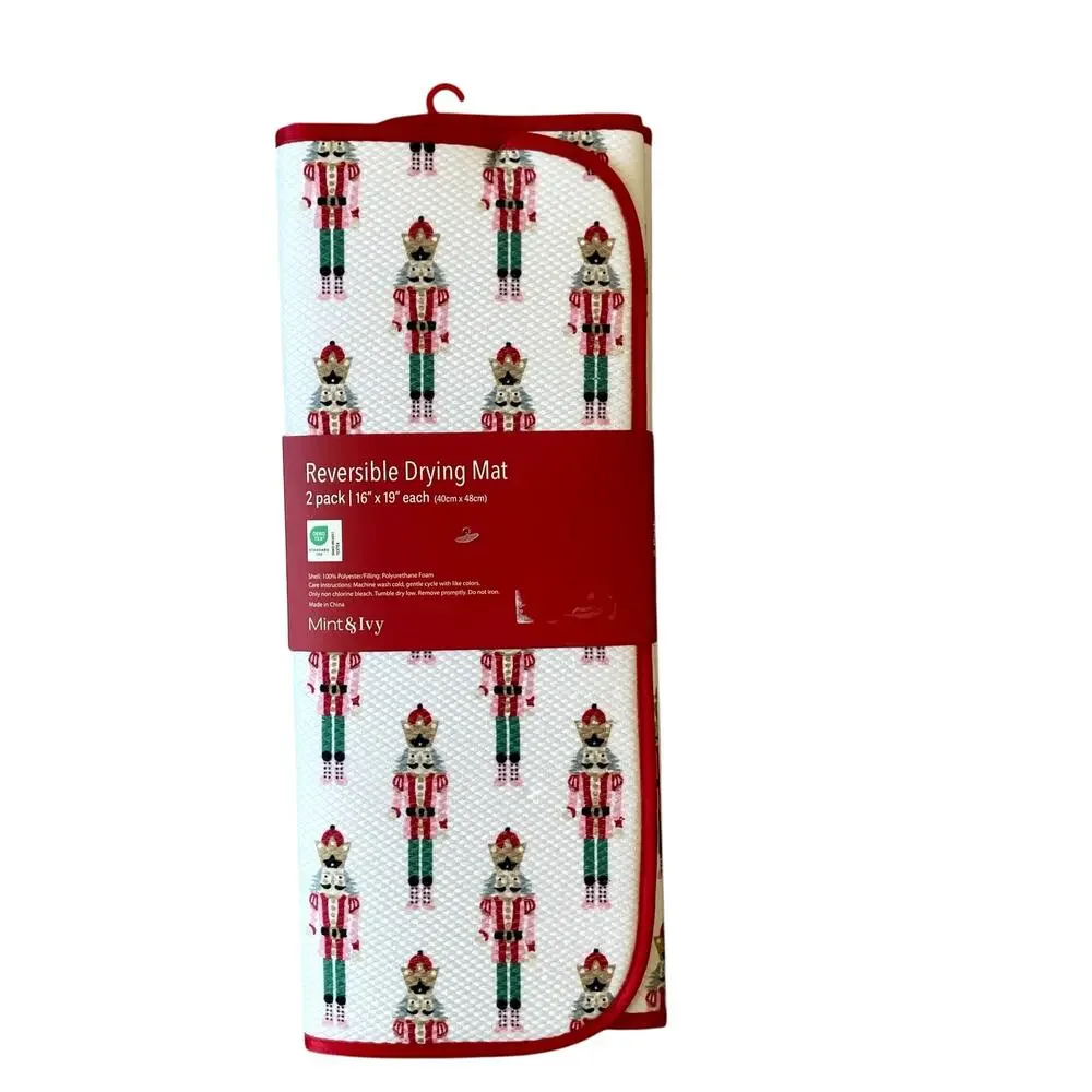 2pc Mint & Ivy NUTCRACKER Kitchen Drying Mats 16x19 Reversible Christmas Holiday